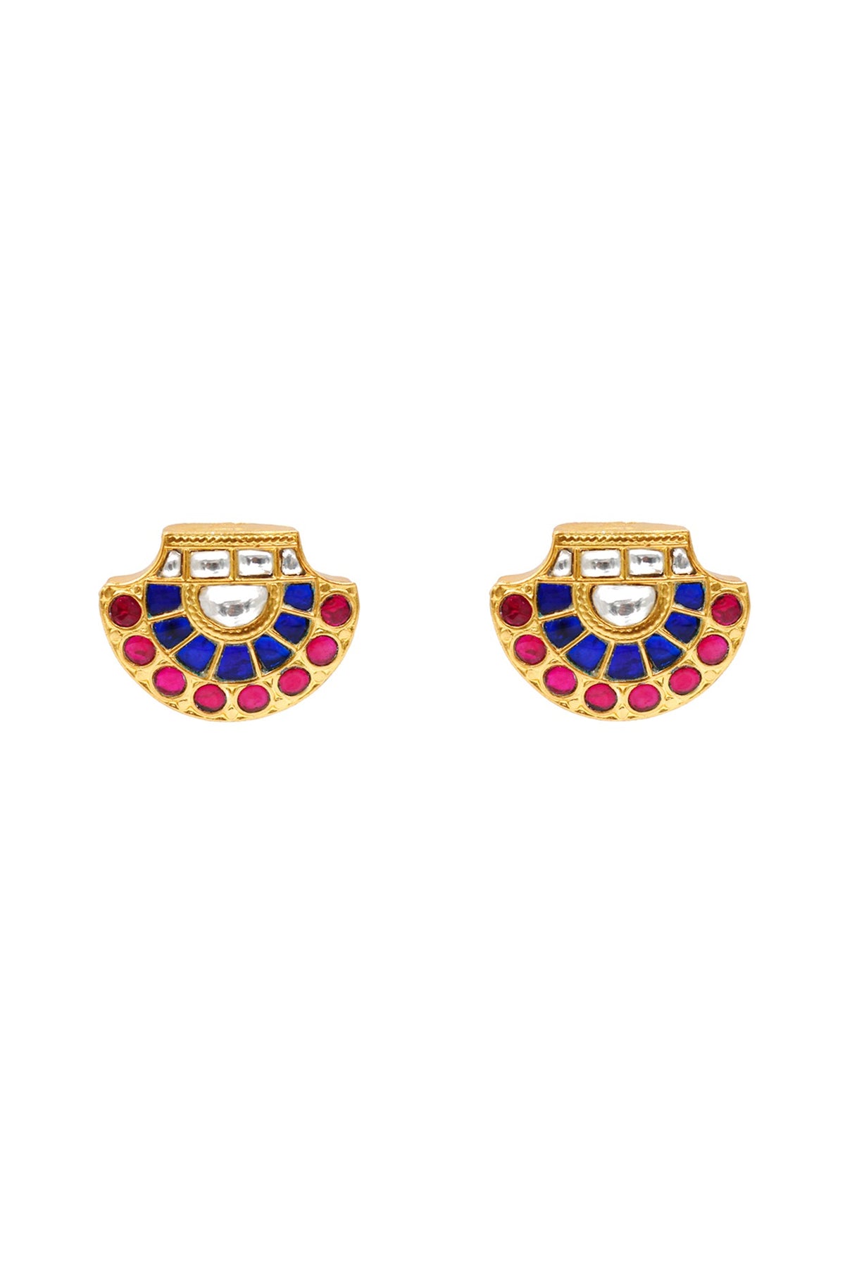 Gold Finish Kundan Polki Stud Earrings In Sterling Silver