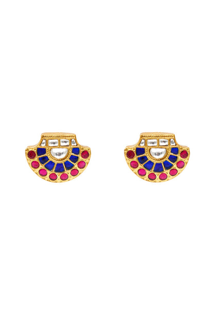 Gold Finish Kundan Polki Stud Earrings In Sterling Silver
