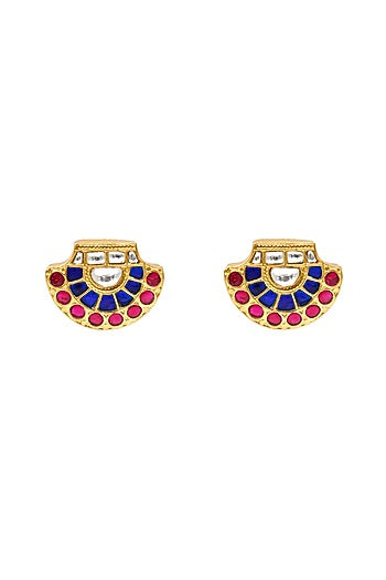 Gold Finish Kundan Polki Stud Earrings In Sterling Silver
