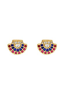 Gold Finish Kundan Polki Stud Earrings In Sterling Silver