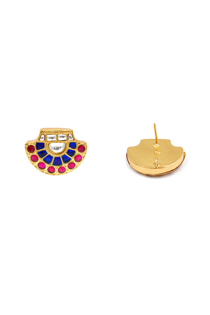 Gold Finish Kundan Polki Stud Earrings In Sterling Silver