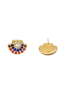 Gold Finish Kundan Polki Stud Earrings In Sterling Silver