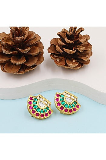 Gold Finish Kundan Polki Stud Earrings In Sterling Silver