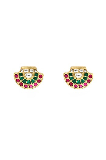 Gold Finish Kundan Polki Stud Earrings In Sterling Silver