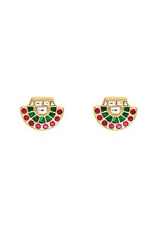 Gold Finish Kundan Polki Stud Earrings In Sterling Silver