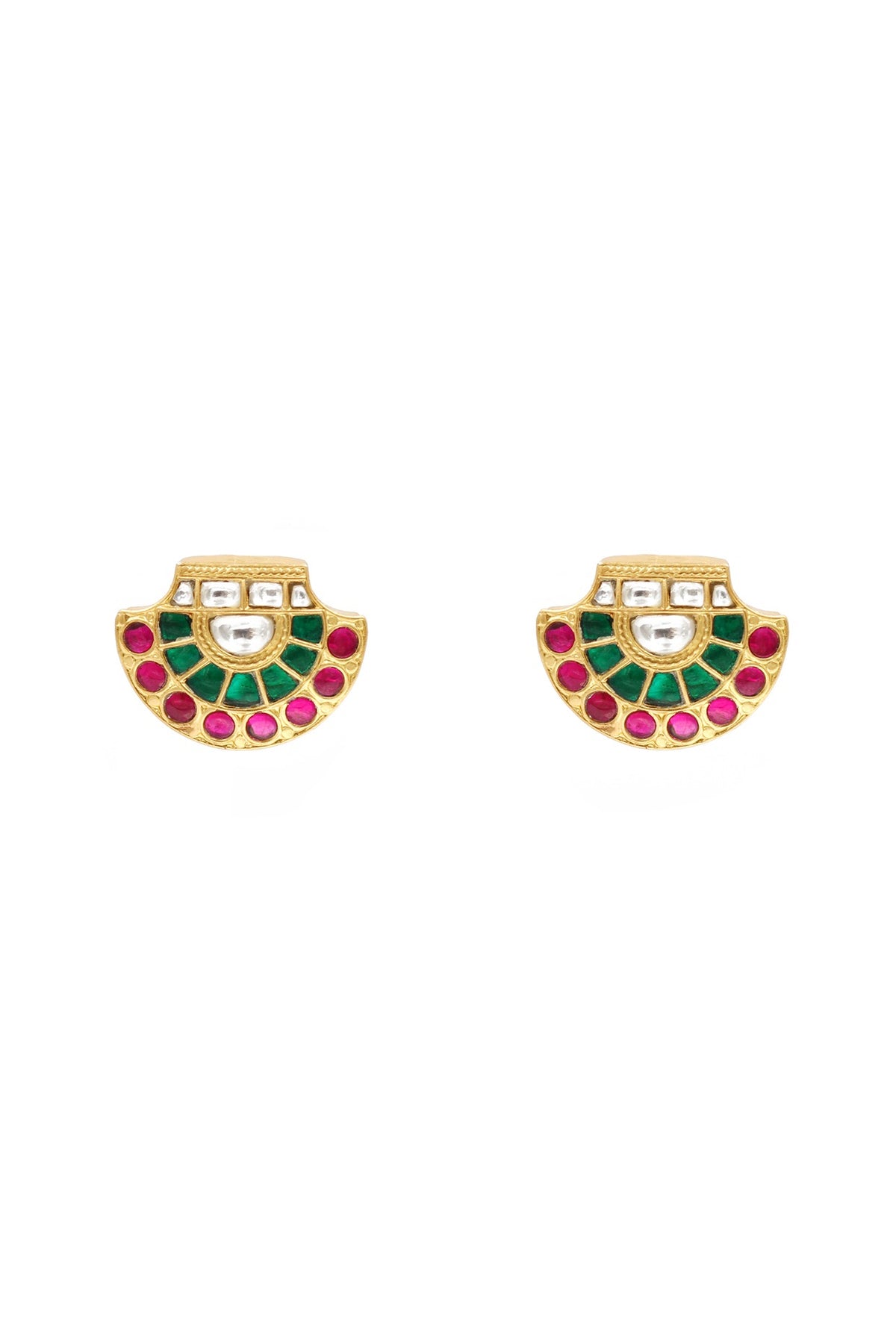 Gold Finish Kundan Polki Stud Earrings In Sterling Silver