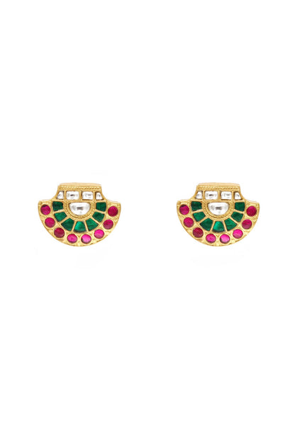 Gold Finish Kundan Polki Stud Earrings In Sterling Silver