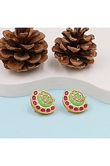 Gold Finish Kundan Polki Stud Earrings In Sterling Silver
