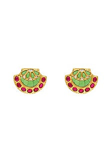 Gold Finish Kundan Polki Stud Earrings In Sterling Silver