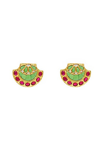 Gold Finish Kundan Polki Stud Earrings In Sterling Silver