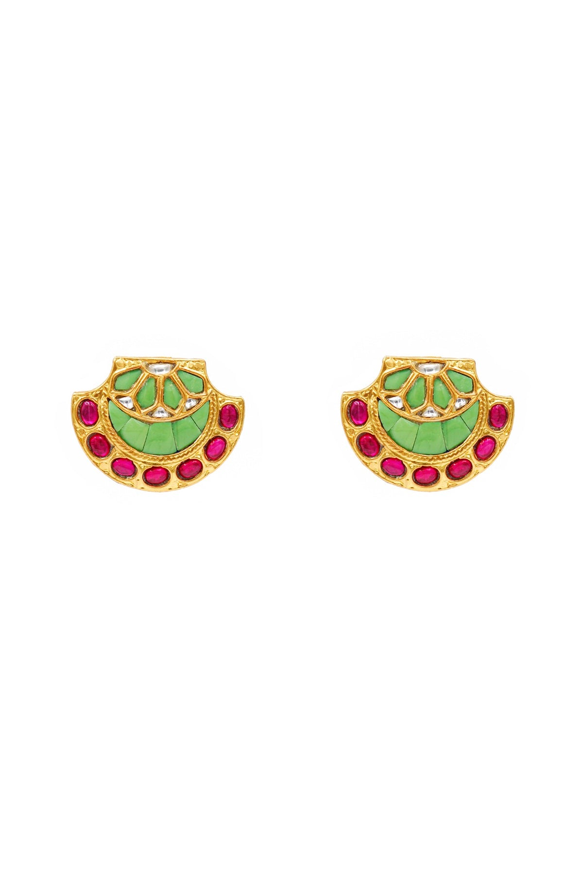 Gold Finish Kundan Polki Stud Earrings In Sterling Silver