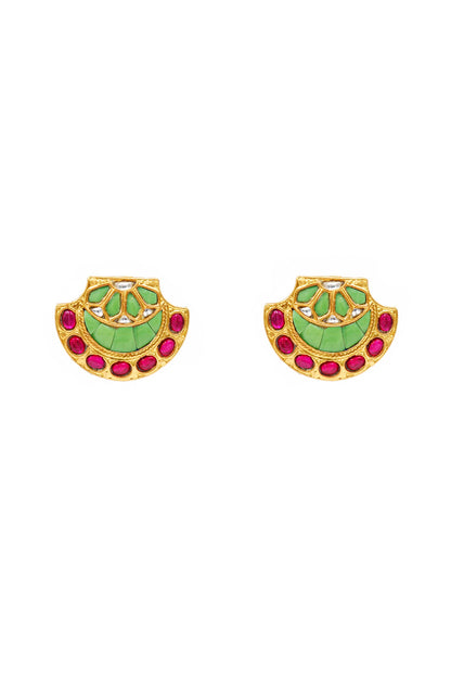 Gold Finish Kundan Polki Stud Earrings In Sterling Silver