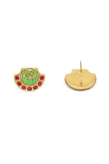 Gold Finish Kundan Polki Stud Earrings In Sterling Silver