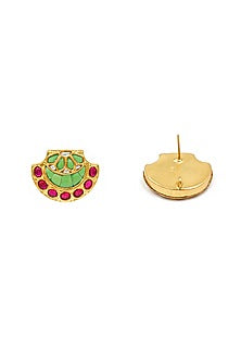 Gold Finish Kundan Polki Stud Earrings In Sterling Silver