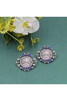 Silver Finish Lapis & Kundan Polki Stud Earrings In Sterling Silver