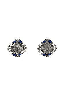 Silver Finish Lapis & Kundan Polki Stud Earrings In Sterling Silver