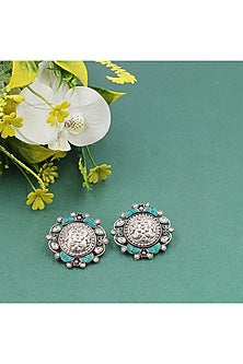 Silver Finish Turquoise Stone Stud Earrings In Sterling Silver