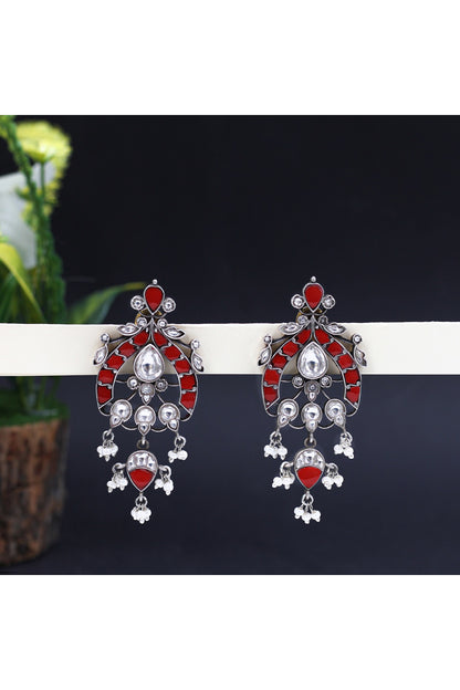 Silver Finish Kundan Polki Dangler Earrings In Sterling Silver