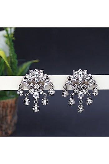 Silver Finish Kundan Polki & Gemstone Dangler Earrings In Sterling Silver