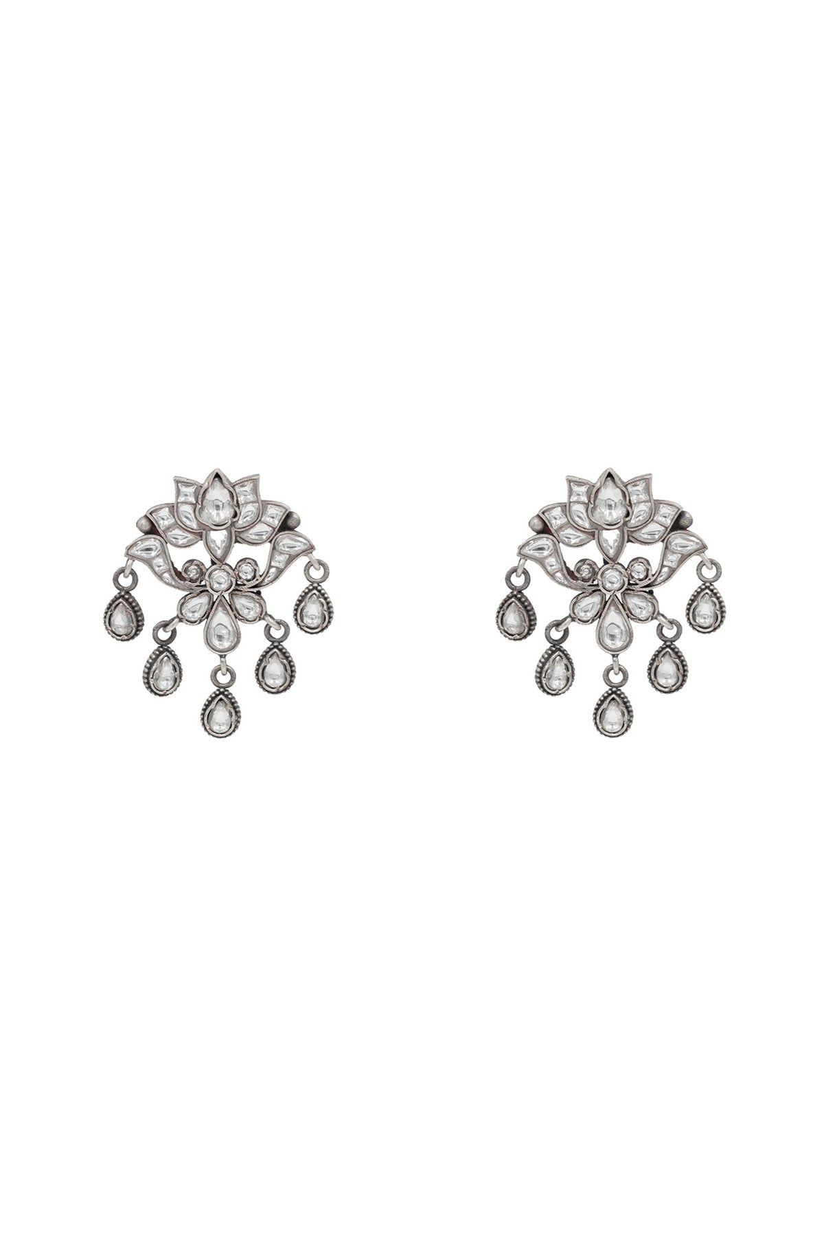 Silver Finish Kundan Polki & Gemstone Dangler Earrings In Sterling Silver