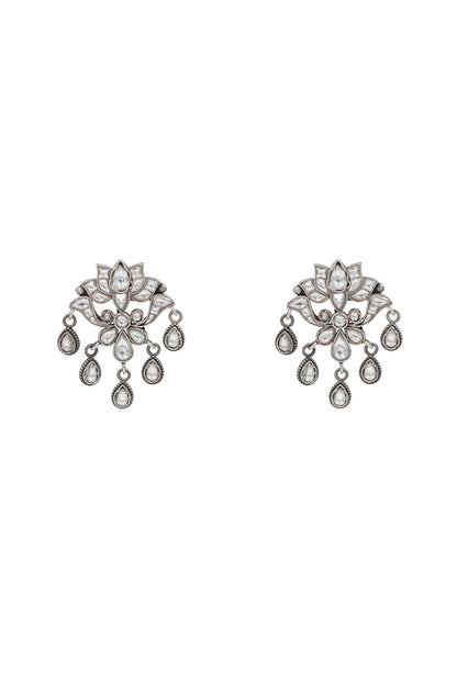 Silver Finish Kundan Polki & Gemstone Dangler Earrings In Sterling Silver