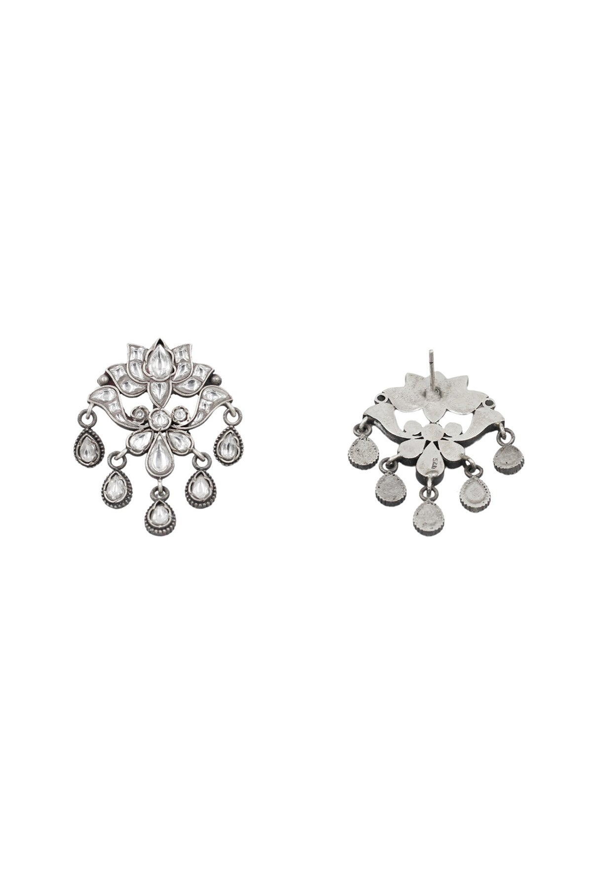 Silver Finish Kundan Polki & Gemstone Dangler Earrings In Sterling Silver