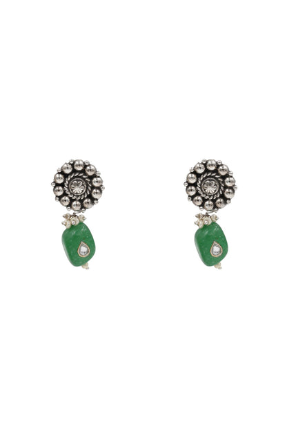 Silver Finish Jade Stone Handcrafted Dangler Earrings In Sterling Silver