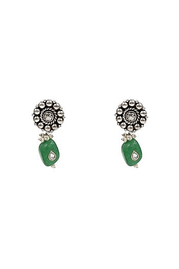 Silver Finish Jade Stone Handcrafted Dangler Earrings In Sterling Silver