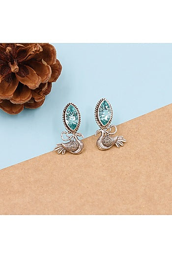 Silver Finish Citrine Stone Handcrafted Mayura Earrings In Sterling Silver