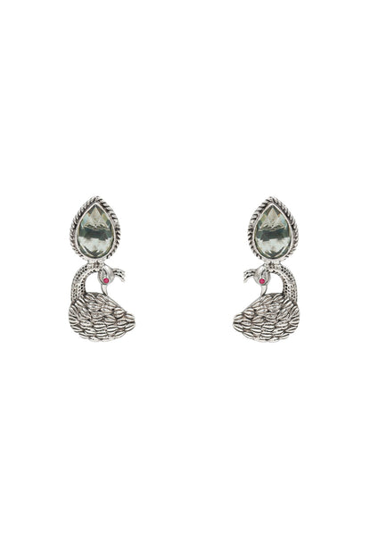 Silver Finish Citrine Stone Handcrafted Mayura Earrings In Sterling Silver