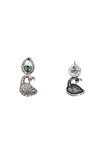 Silver Finish Citrine Stone Handcrafted Mayura Earrings In Sterling Silver
