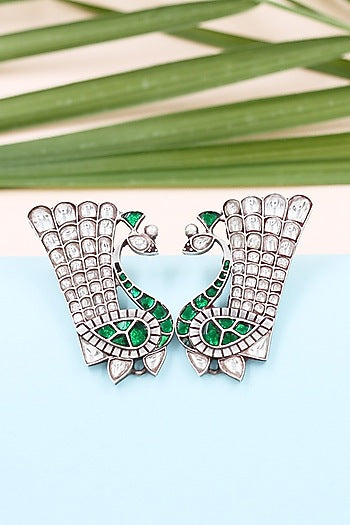 Silver Finish Kundan Stone Peacock Earrings In Sterling Silver