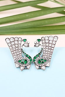 Silver Finish Kundan Stone Peacock Earrings In Sterling Silver