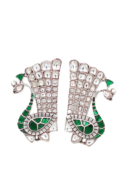 Silver Finish Kundan Stone Peacock Earrings In Sterling Silver