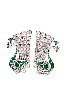 Silver Finish Kundan Stone Peacock Earrings In Sterling Silver