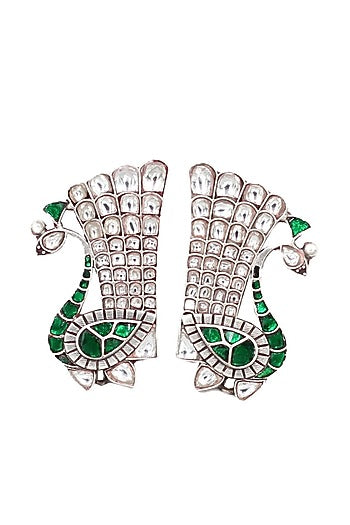 Silver Finish Kundan Stone Peacock Earrings In Sterling Silver
