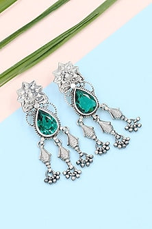Silver Finish Green Hydro Stone Handmade Earrings In Sterling Silver