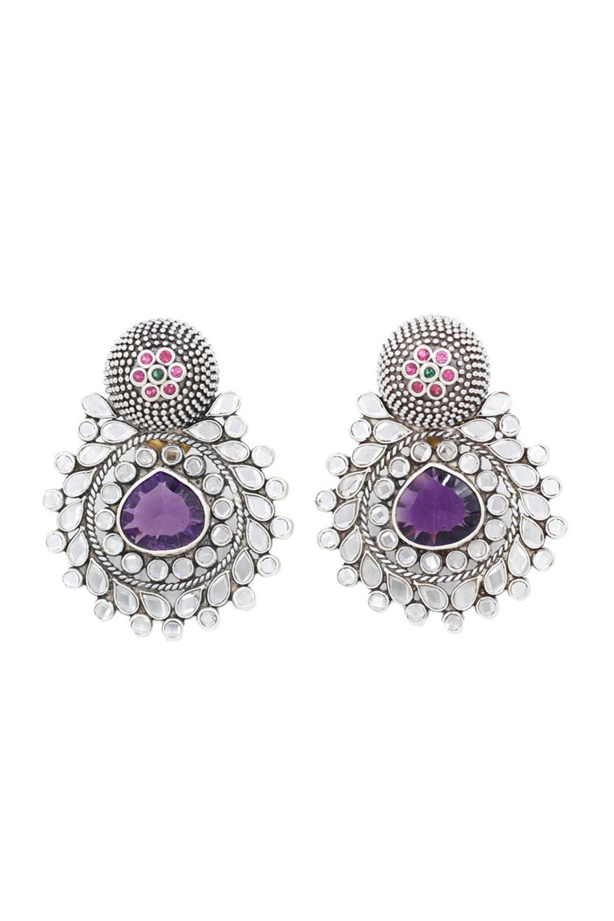 Silver Finish Purple Hydro Gemstone Handcrafted Earrings In Sterling Silver