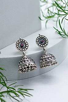 Silver Finish Ruby Jhumka Earrings In Sterling Silver