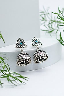 Silver Finish Feroza Stone Jhumka Earrings In Sterling Silver