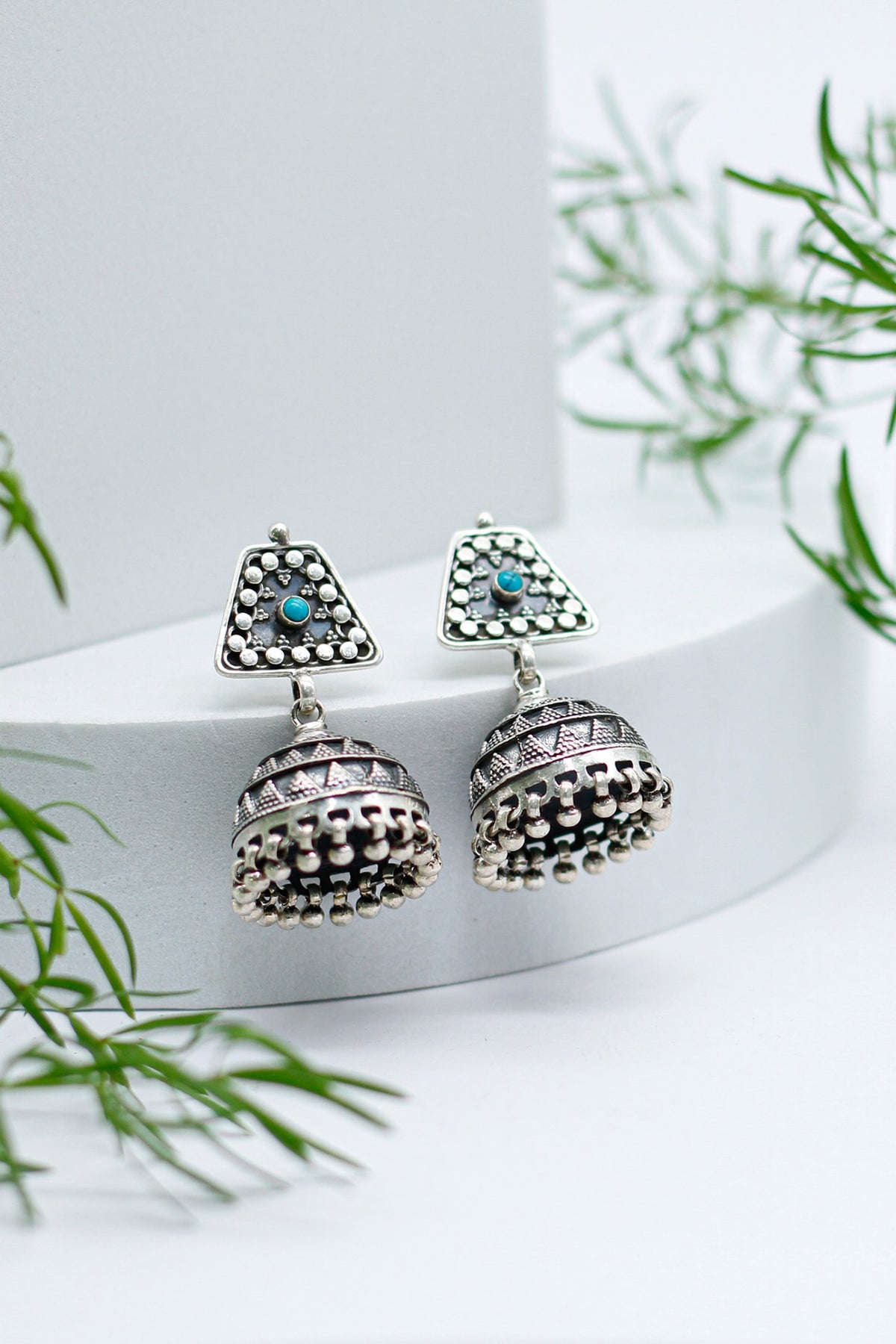 Silver Finish Feroza Stone Jhumka Earrings In Sterling Silver