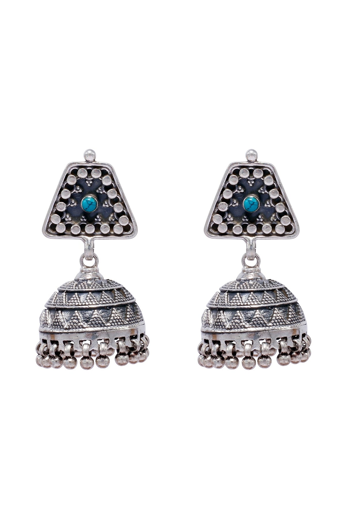 Silver Finish Feroza Stone Jhumka Earrings In Sterling Silver