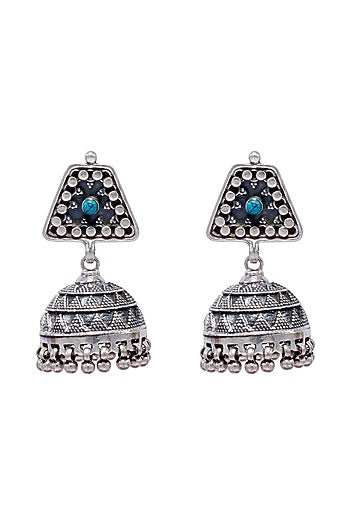 Silver Finish Feroza Stone Jhumka Earrings In Sterling Silver