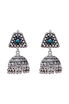 Silver Finish Feroza Stone Jhumka Earrings In Sterling Silver