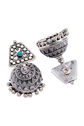 Silver Finish Feroza Stone Jhumka Earrings In Sterling Silver