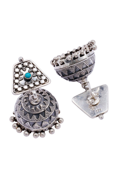 Silver Finish Feroza Stone Jhumka Earrings In Sterling Silver