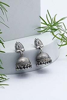Silver Finish Onyx & Ghungroo Jhumka Earrings In Sterling Silver