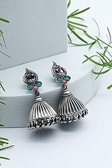 Silver Finish Onyx & Ghungroo Jhumka Earrings In Sterling Silver