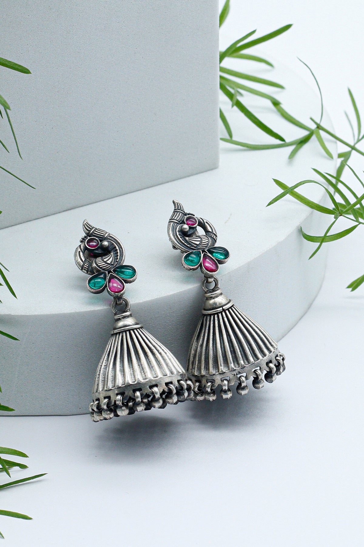 Silver Finish Onyx & Ghungroo Jhumka Earrings In Sterling Silver