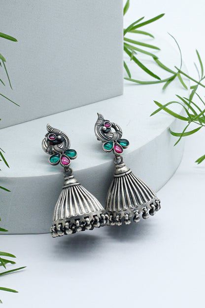 Silver Finish Onyx & Ghungroo Jhumka Earrings In Sterling Silver